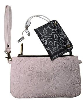 Betsey Johnson Blush Pink Floral Embossed Wristlet Clutch Wallet w/ Strap
